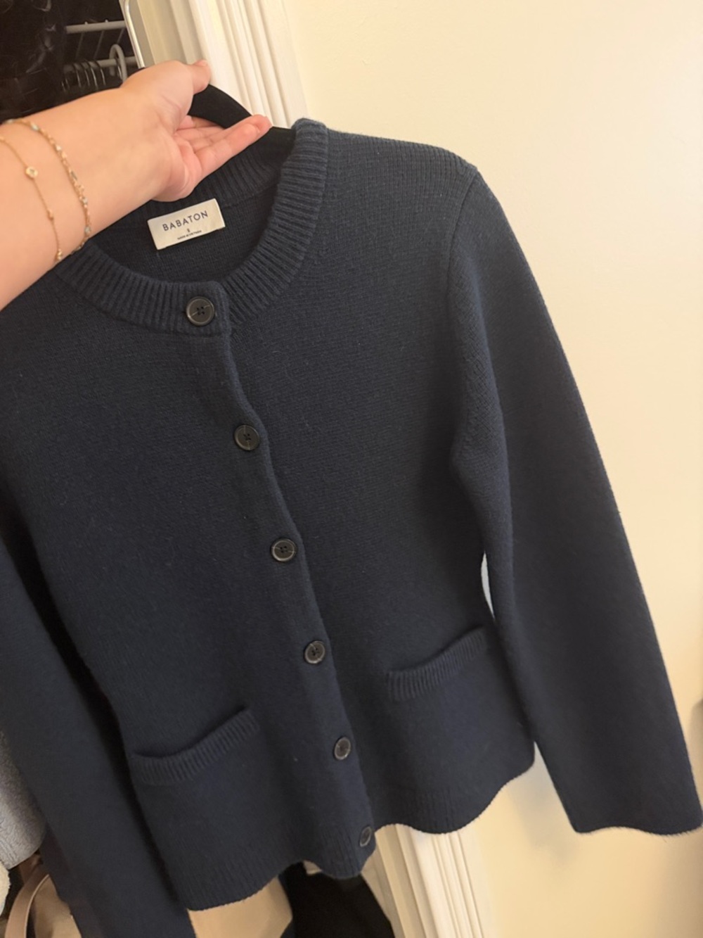 Babaton Dark Navy Button-Front Crew Cardigan